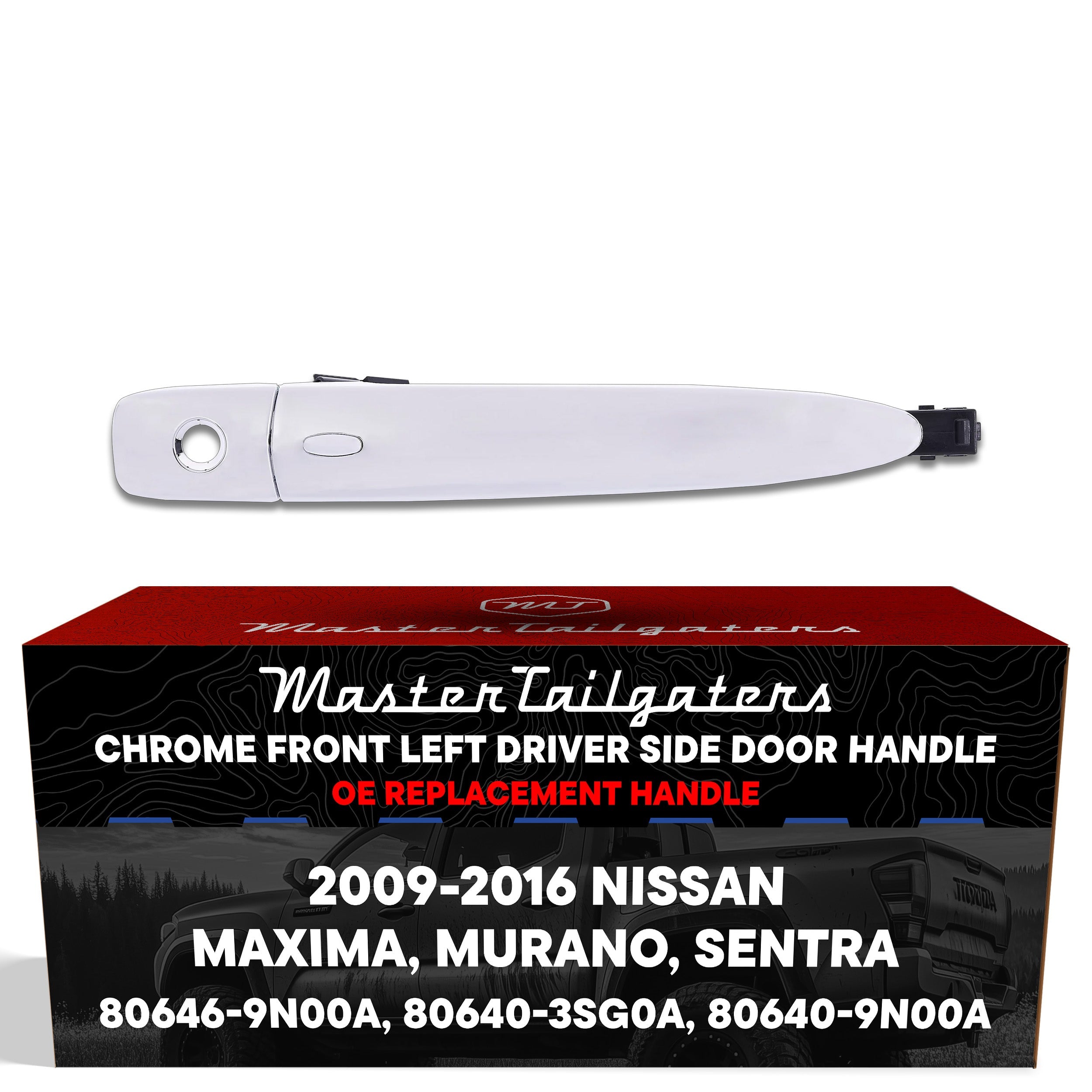 Exterior Door Handle Chrome Replacement for Nissan Maxima (2009-2015), Murano (2009-2014), Sentra (2013-2016) OE Part # 80646-9N00A, 80640-3SG0A, 80640-9N00A | Front Left Driver Side