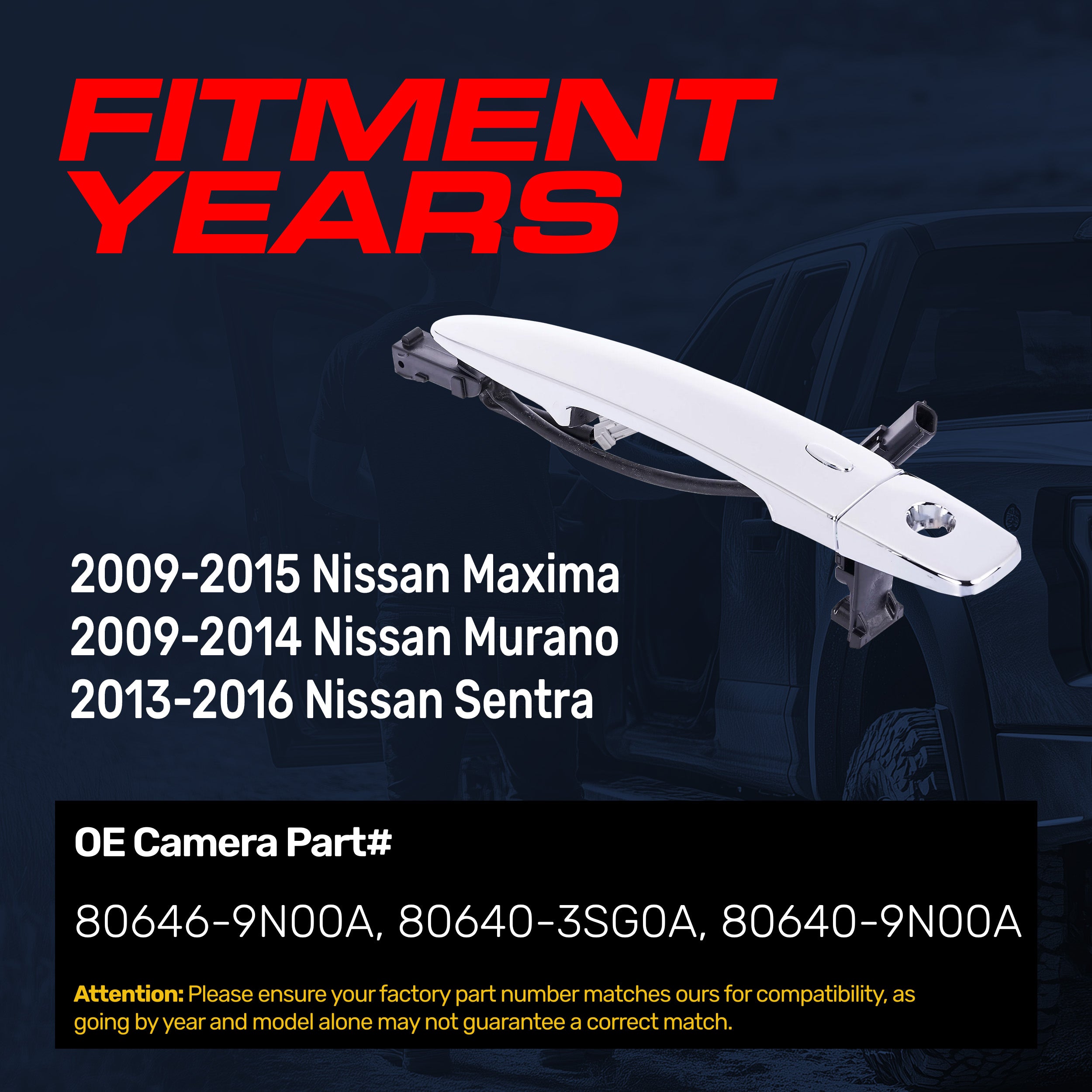Exterior Door Handle Chrome Replacement for Nissan Maxima (2009-2015), Murano (2009-2014), Sentra (2013-2016) OE Part # 80646-9N00A, 80640-3SG0A, 80640-9N00A | Front Left Driver Side