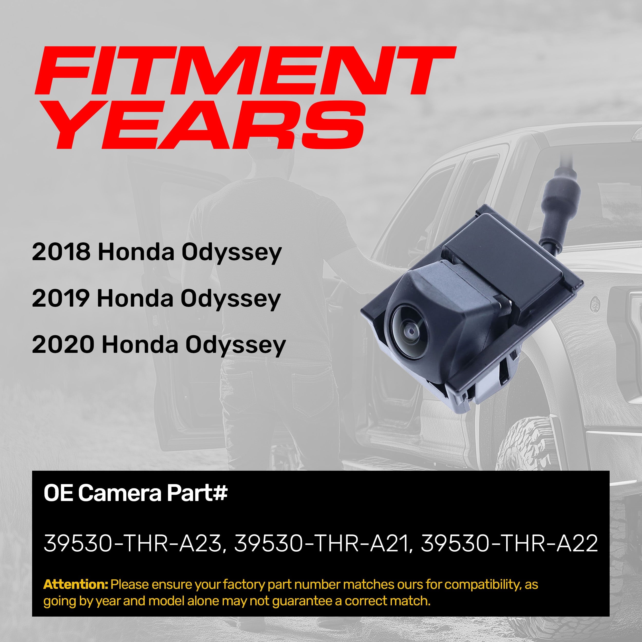Honda Odyssey (2018-2020) OEM Replacement Backup Camera OE Part # 39530-THR-A21, 39530-THR-A22, 39530-THR-A23