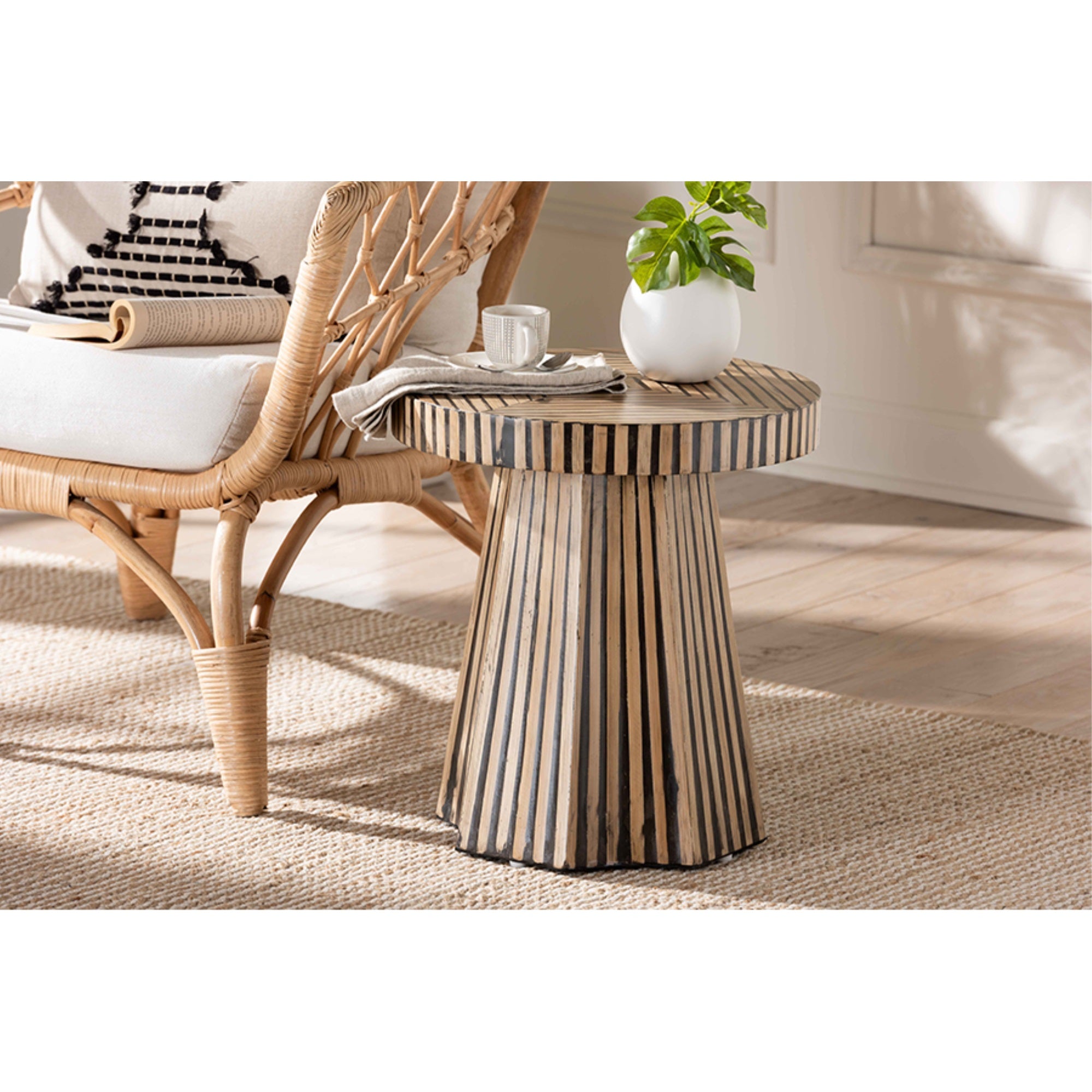Baxton Studio Devika Modern Bohemian Two-Tone Natural And Dark Brown Bamboo End Table