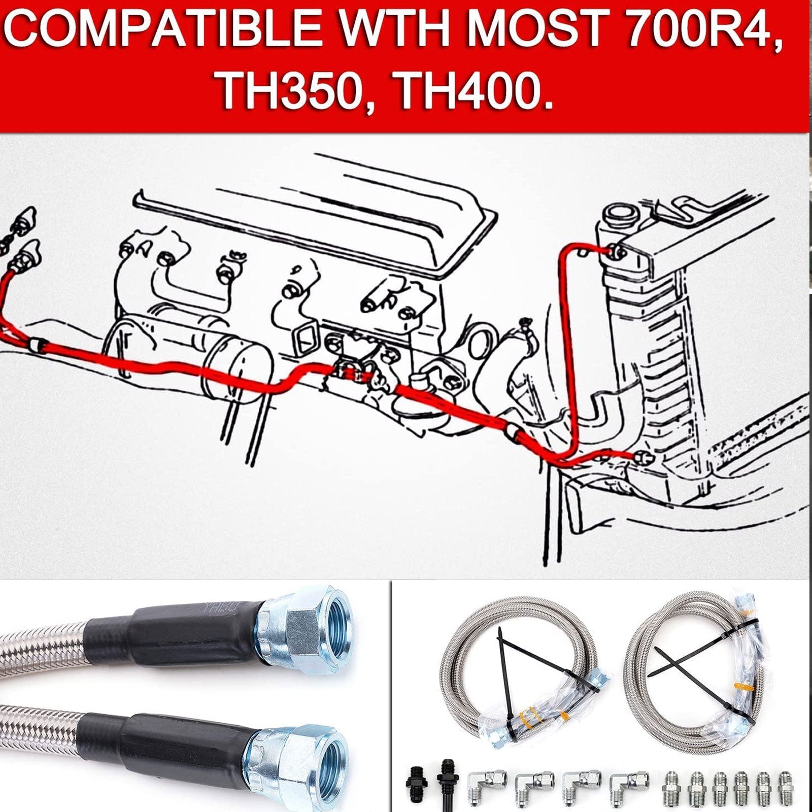 For GM Chevy 1996 &Newer 4L80E Flexible SS Braided Transmission Cooler Hose Line