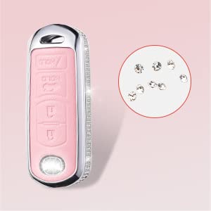 Ruabiban Key Fob Cover Compatible With Mazda, Pink Leather Crystal 360 Degree Protection Key Shell Case For Mazda 3 6 8 Miata Mx-5 Cx-3 Cx-5 Cx-7 Cx-9
