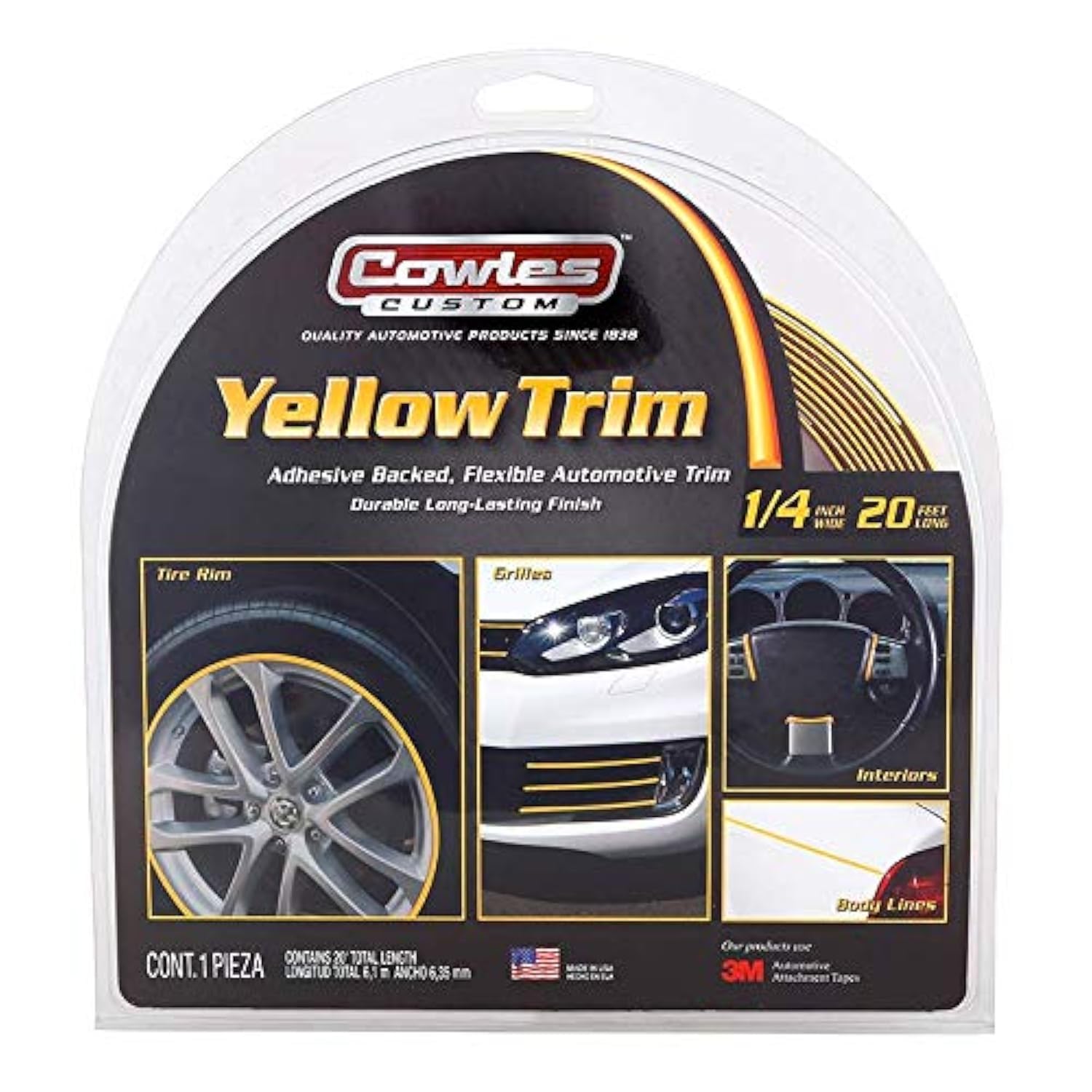 Cowles Custom - Yellow Color Molding Edge Trim Automotive Accessory For The Interior Or Exterior Of Cars, Trucks, Suvs, 20 Feet Of Peel And Stick-On With 3M Tape Decorative Flexible Pvc Molding