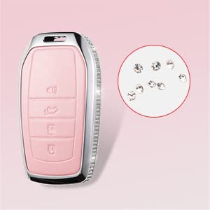 Ruabiban Compatible Toyota Key Fob Cover With Keychain, Pink Genuine Leather Crystal Case For Avalon Camry Corolla Rav4 Sequoia