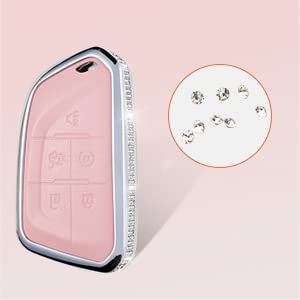 Ruabiban For 2021 Cadillac Escalade Key Fob Cover With Keychain, Pink Genuine Leather Crystal Key Case Protection Shell Compatib