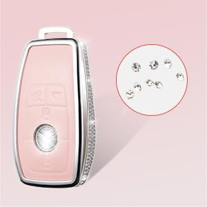 Ruabiban For Mercedes Benz Key Fob Cover With Keychain, Pink Genuine Leather Crystal Key Case Protection Shell Compatible With A