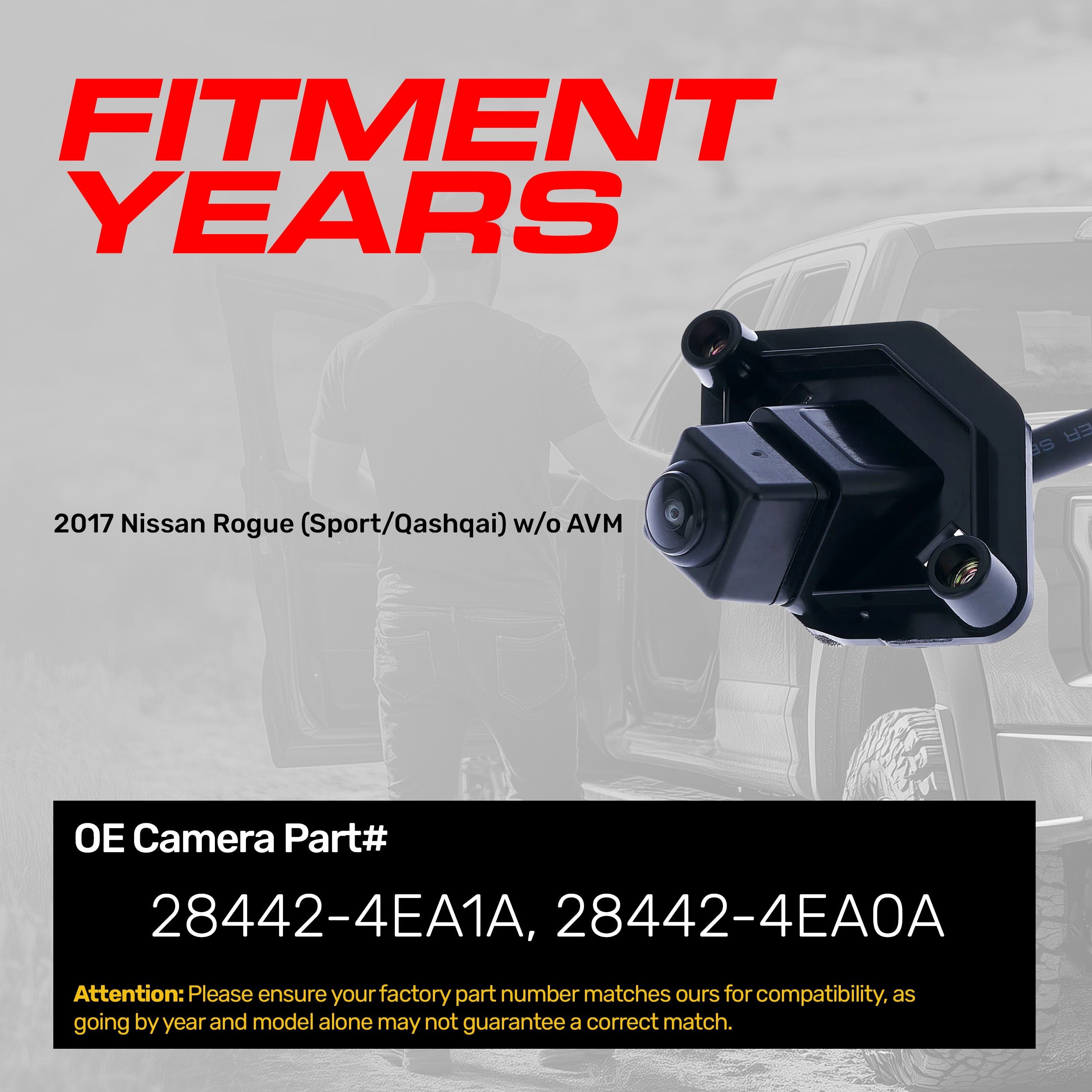 Nissan Rogue Sport/Qashqai w/o AVM (2017) OEM Replacement Backup Camera OE Part # 28442-4EA0A, 28442-4EA1A