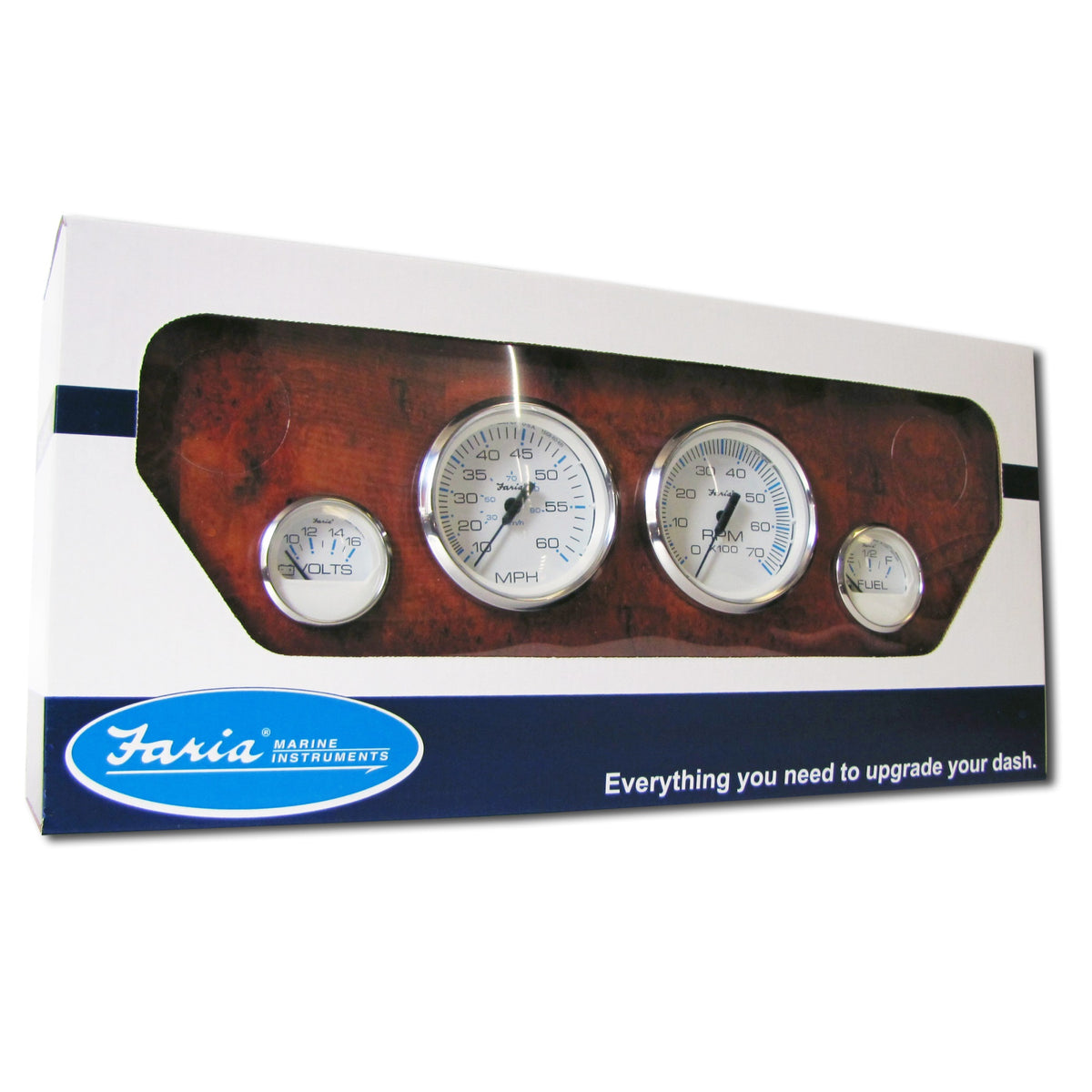 Faria KTF002 Chesapeake Stainless Steel Outboard 4-Gauge Boxed Set - Speedometer/Tachometer/Fuel Level/Voltmeter, White