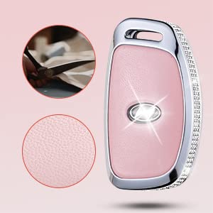 Ruabiban For Hyundai Key Fob Cover With Keychain, Pink Genuine Leather Crystal Key Case Protection Shell Compatible With 2021 20