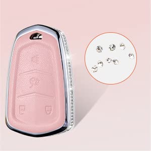 Ruabiban For Cadillac Key Fob Cover With Keychain, Pink Genuine Leather Crystal Key Case Protection Shell Compatible With Cadill