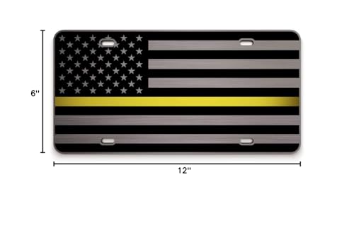 Jass Graphix Dispatcher Thin Yellow Line American Flag License Plate Matte Black On 1/8'' Brushed Aluminum Composite Heavy Duty