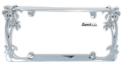 Tropical Palm Tree Chrome Polished License Plate Frame (2 Frames) with Screws Caps by Superb LNF (Chrome)