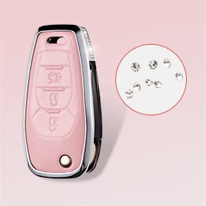 Ruabiban For Chevy Key Fob Cover With Keychain, Pink Genuine Leather Crystal Key Case Protection Shell Compatible With Chevrolet