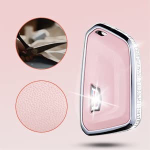 Ruabiban For 2021 Cadillac Escalade Key Fob Cover With Keychain, Pink Genuine Leather Crystal Key Case Protection Shell Compatib