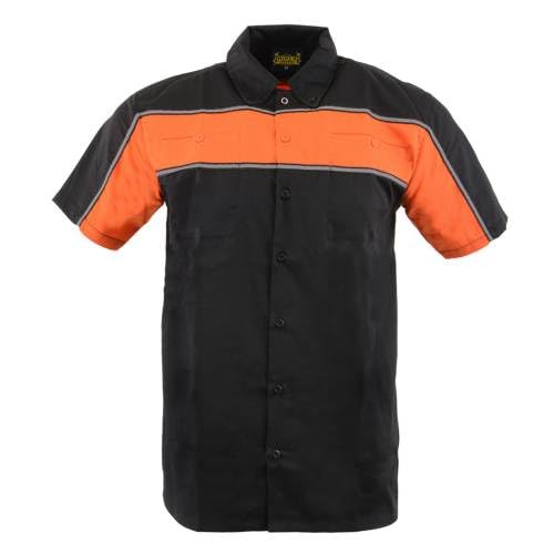 Biker Clothing Co. Mdm11673 Mens Black And Orange Short Sleeve Motorcycle Shirt With Reflective Material - X-Large
