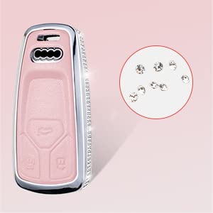Ruabiban Compatible With Audi Key Fob Cover With Keychain, Pink Genuine Leather Crystal Key Case Protection Shell For A4 Q7 Q5 T