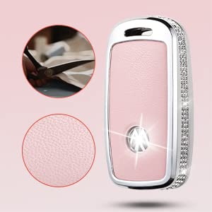 Ruabiban Compatible With Vw Volkswagen Key Fob Cover With Keychain, Pink Genuine Leather Crystal Key Case Protection Shell Fit F