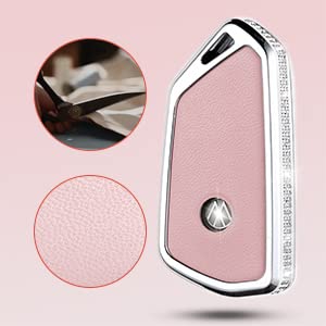 Ruabiban Pink Genuine Leather Crystal Key Fob Cover With Keychain For Vw Id3 Id4 Mk8 Golf 8 Gti Skoda Octavia Keyless Entry Key