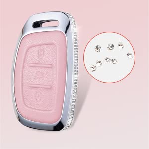 Ruabiban For Hyundai Key Fob Cover With Keychain, Pink Genuine Leather Crystal Key Case Protection Shell Compatible With 2021 20