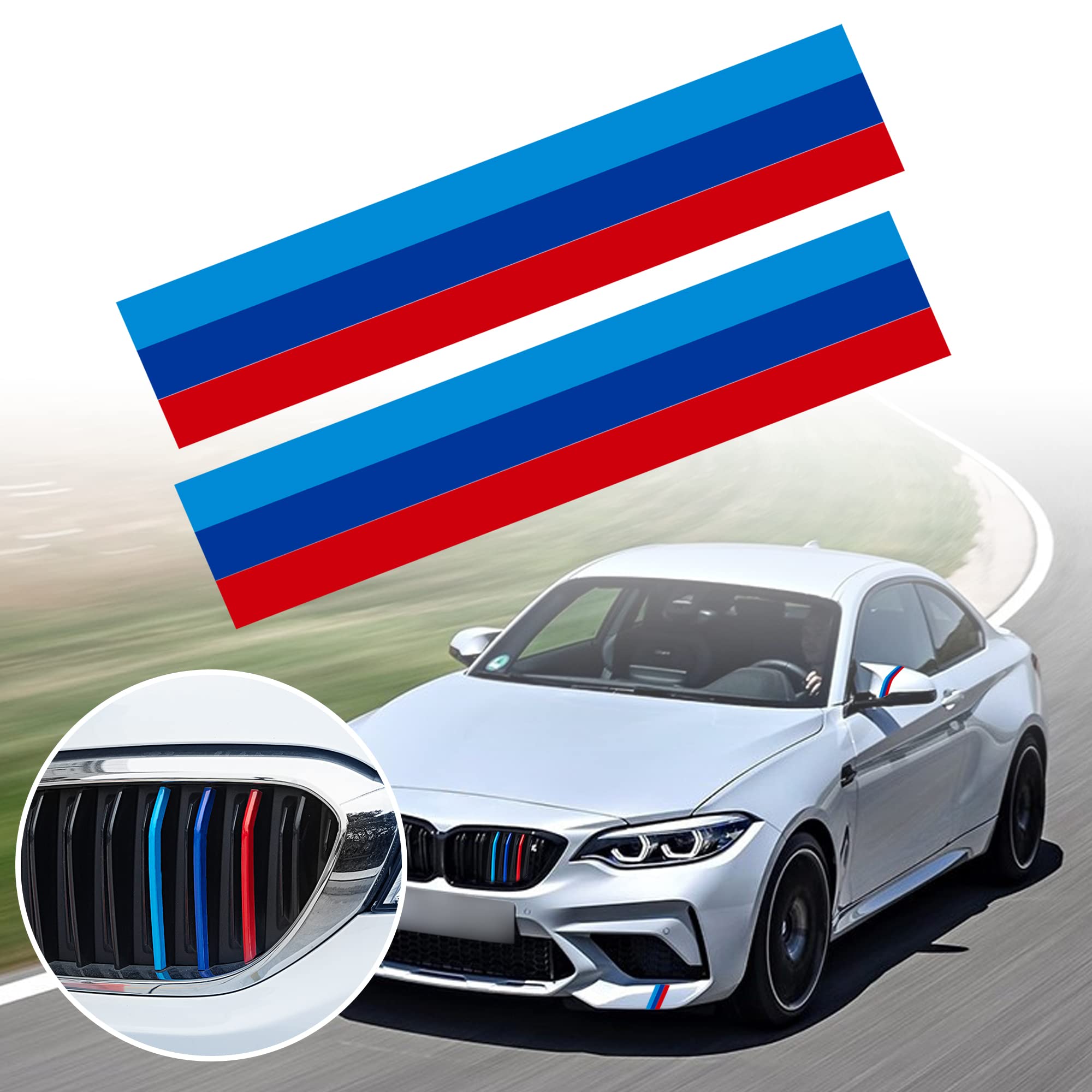Tomall 2Pcs 25Cm Stripe Stickers For Car 3-Color Sporting Racing Stripe Decal Compatible With Bmw Grille Steering Wheel Fender Rear Mirror Car Door Sill Hood Side Skirt Bumper Dashboard