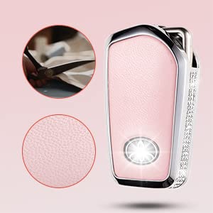 Ruabiban Compatible With Toyota Key Fob Cover With Keychain, Pink Genuine Leather Crystal Key Case Protection Shell For Fortuner