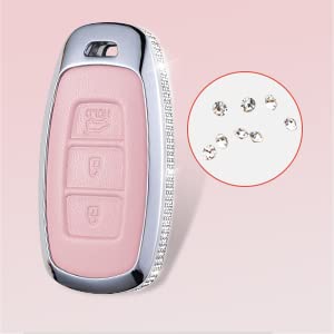 Ruabiban For Hyundai Key Fob Cover With Keychain, Pink Genuine Leather Crystal Key Case Protection Shell Compatible With 2022 20
