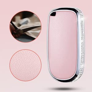 Ruabiban For Jeep Key Fob Cover With Keychain, Pink Genuine Leather Crystal Key Case Protection Shell Compatible With Jeep Smart