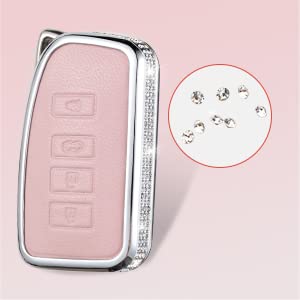 Ruabiban For Lexus Key Fob Cover With Keychain, Pink Genuine Leather Crystal Key Case Protection Shell Compatible With Lexus Rx