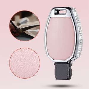 Ruabiban Compatible With Mercedes Benz Key Fob Cover With Keychain, Pink Genuine Leather Crystal Key Case Protection Shell Fit F