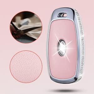 Ruabiban For Hyundai Key Fob Cover With Keychain, Pink Genuine Leather Crystal Key Case Protection Shell Compatible With 2022 20