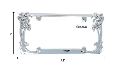 Tropical Palm Tree Chrome Polished License Plate Frame (2 Frames) with Screws Caps by Superb LNF (Chrome)