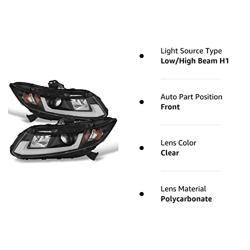 Acanii - For 2012-2015 Honda Civic Sedan 12-13 Coupe Led Drl Tube Projector Headlights Headlamps, Driver & Passenge Side