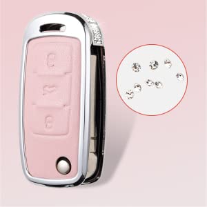 Ruabiban Compatible With Vw Volkswagen Key Fob Cover With Keychain, Pink Genuine Leather Crystal Key Case Protection Shell Fit F