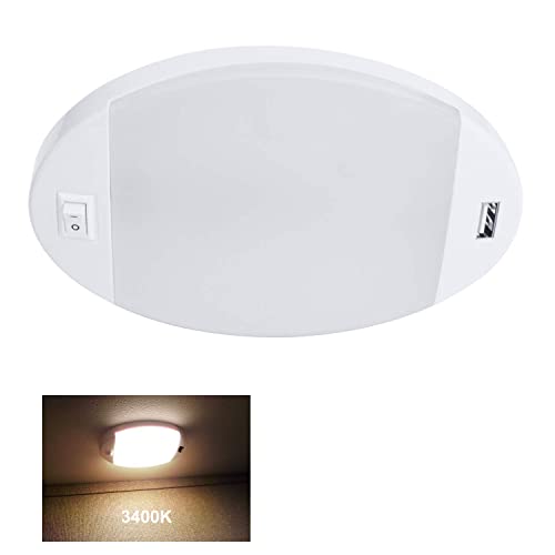 Facon 12V RV Interior Lights with Fast USB Charger (5V/2.4A) - Oval Pancake LED Ceiling Light Fixture with Switch, 12Volt Lighti