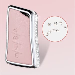 Ruabiban For Lexus Key Fob Cover With Keychain, Pink Genuine Leather Crystal Key Case Protection Shell Compatible With Lexus Es3