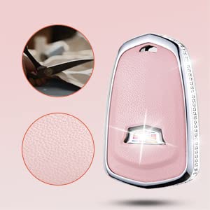 Ruabiban For Cadillac Key Fob Cover With Keychain, Pink Genuine Leather Crystal Key Case Protection Shell Compatible With Cadill
