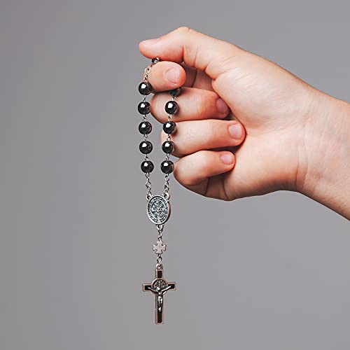Intercession Hematite Car Rearview Mirror Rosary (St Benedict)