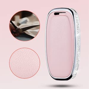 Ruabiban Compatible Audi Key Fob Cover, Pink Genuine Leather Crystal Case For Audi A4 A5 A6 A7 A8 Q5 Q7 S3 S4 S5 S6 S7 S8 Sq5 Rs