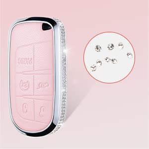 Ruabiban For Jeep Key Fob Cover With Keychain, Pink Genuine Leather Crystal Key Case Protection Shell Compatible With Jeep Smart