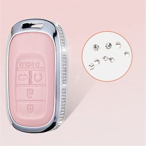 Ruabiban For Honda Key Fob Cover With Keychain, Pink Genuine Leather Crystal Key Case Protection Shell Compatible With 2022 Hond