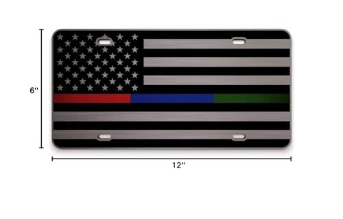 Jass Graphix Thin Blue Line Thin Red Line Thin Green Line American Flag License Plate Matte Black On 1/8'' Brushed Aluminum Comp