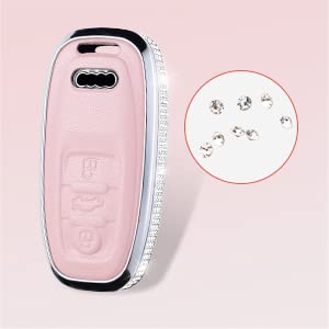 Ruabiban Compatible Audi Key Fob Cover, Pink Genuine Leather Crystal Case For Audi A4 A5 A6 A7 A8 Q5 Q7 S3 S4 S5 S6 S7 S8 Sq5 Rs