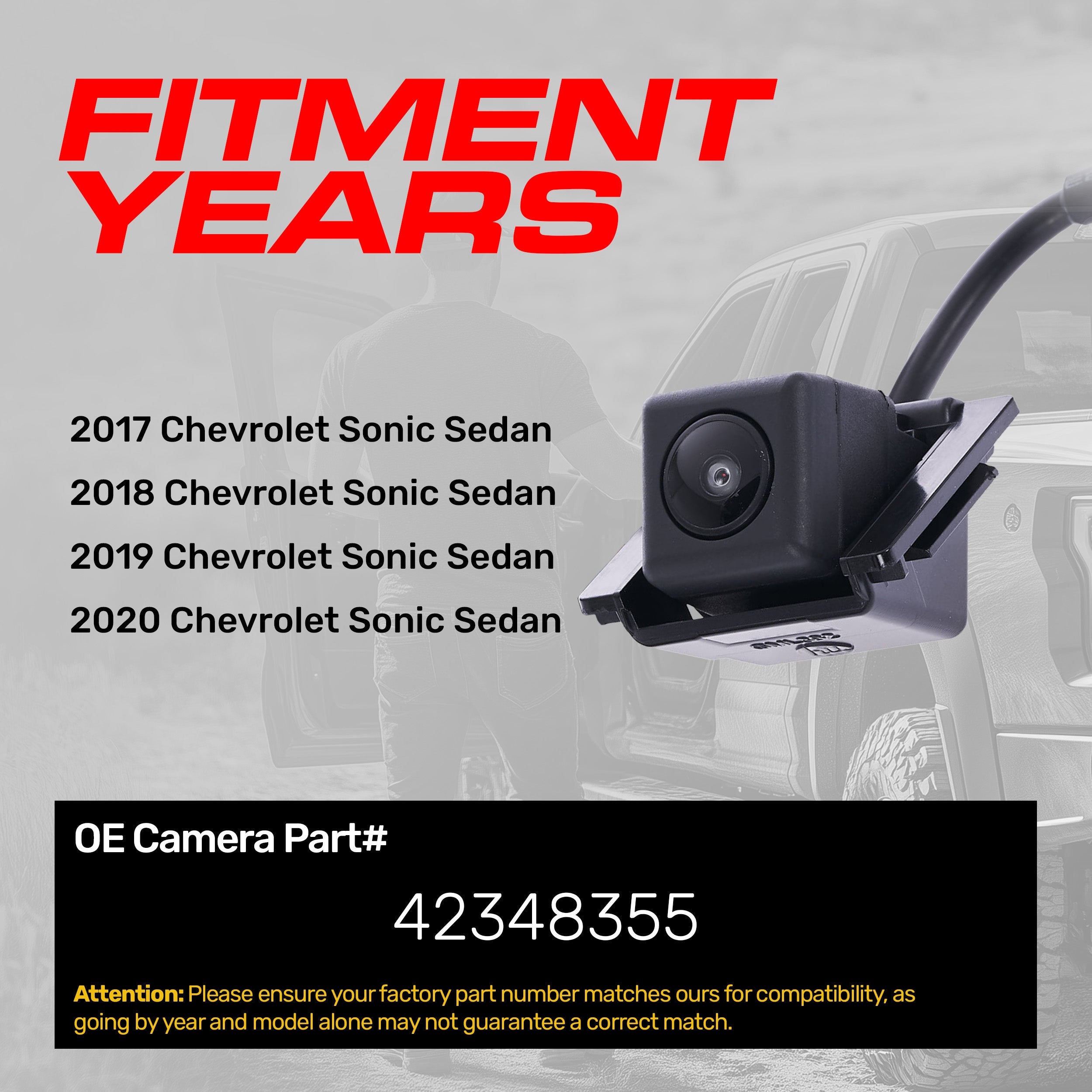 Chevrolet Sonic Sedan (2017-2020) OEM Replacement Backup Camera OE Part # 42348355