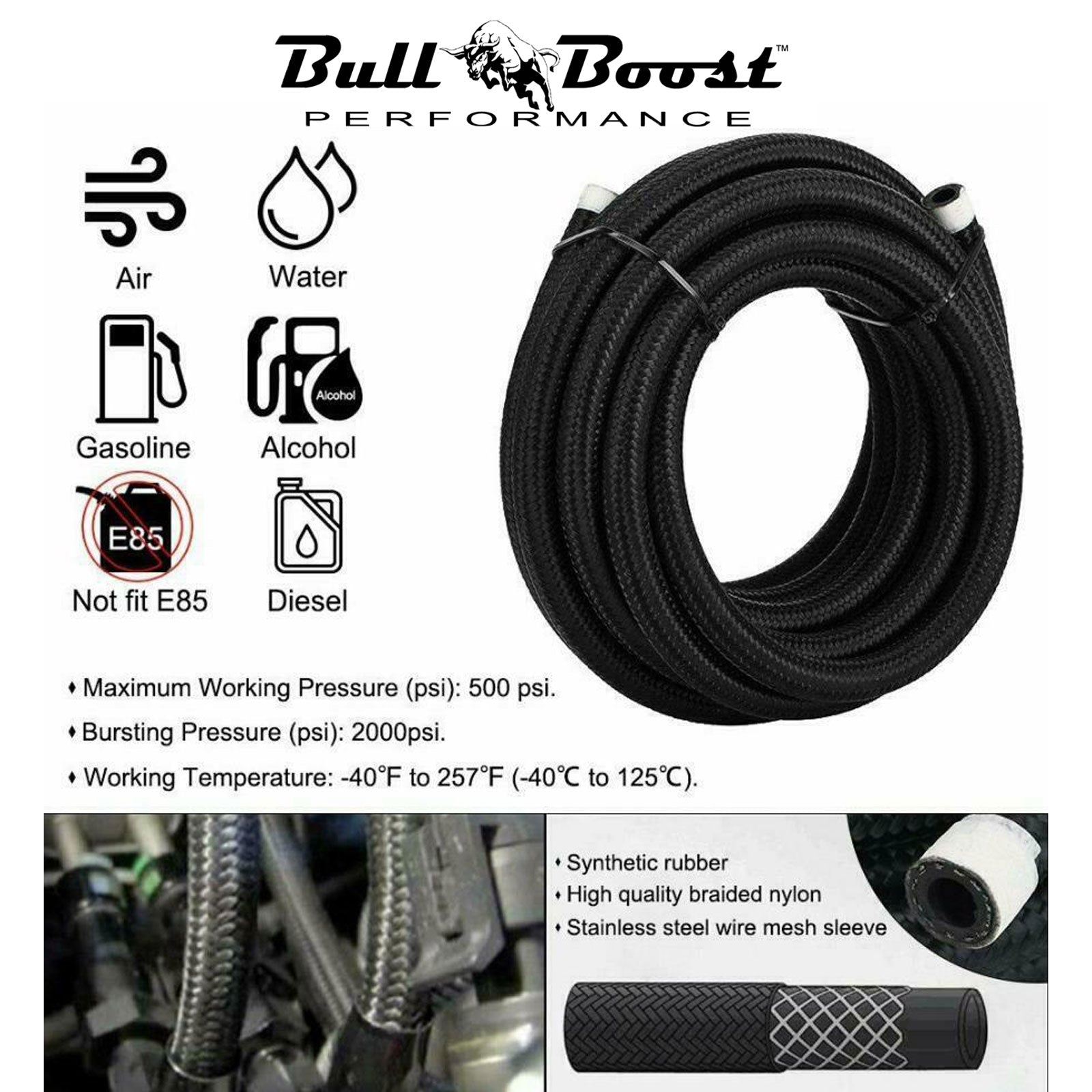 10AN/8AN/6AN Fitting Stainless Steel Braided Oil Fuel Hose Line Kit 5Feet Black