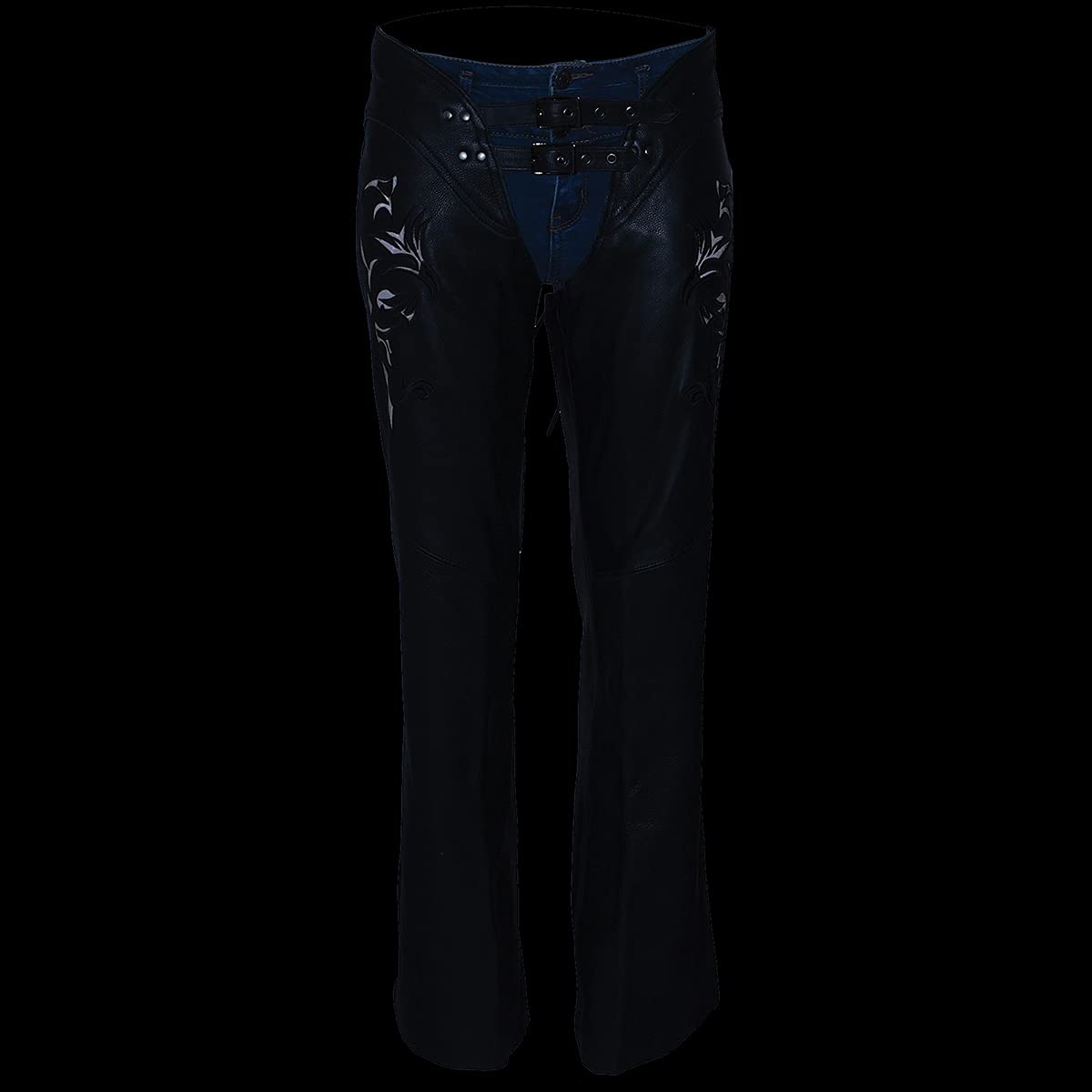 Milwaukee Leather Chaps for Women Black Low-Rise Waist- Double Buckle Reflective Embroidery Motorcycle Chap- ML1187-4X-Large