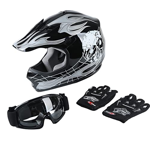 Xfmt Dot Youth Kids Motocross Offroad Street Dirt Bike Helmet Youth Motorcycle Atv Helmet With Goggles Gloves Black Skull L
