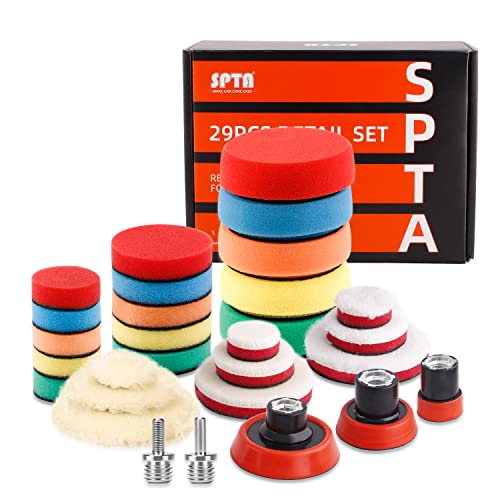 Spta 29Pcs Drill Buffing Pad Detail Polishing Pad Mix Size Kit With 5/8-11 Thread Backing Pad & Adapters For Car Sanding, Polish