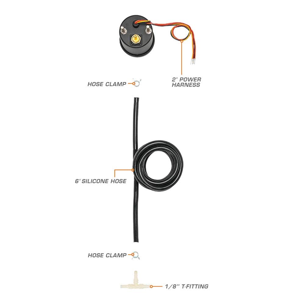 Glowshift Tinted 7 Color 30 Psi Turbo Boost/Vacuum Gauge Kit - Includes Mechanical Hose & T-Fitting - Black Dial - Smoked Lens -