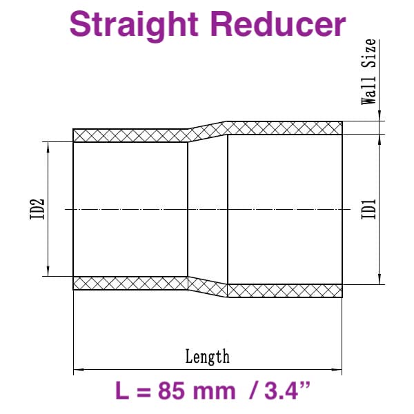 Autobahn88 Automotive Silicone Hose Bend, Reducer Coupler, ID=2.38'' to 2'' (60 to 51mm), Length 3.3'' (85mm), Wall Thickness= 0