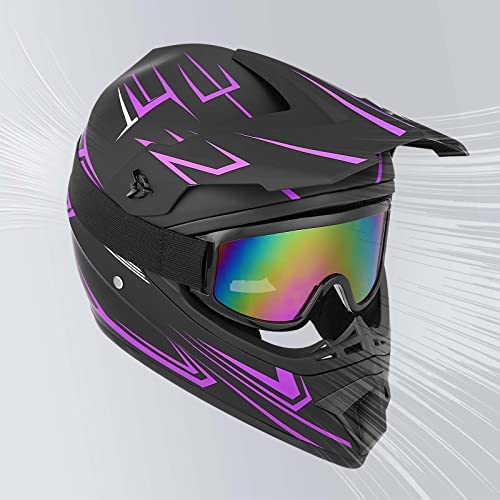 Yesmotor Youth Kids Full Face Motocross Helmet Set - DOT Approved, Purple, XL, Includes Gloves, Goggles, Mask, Durable ABS Material
